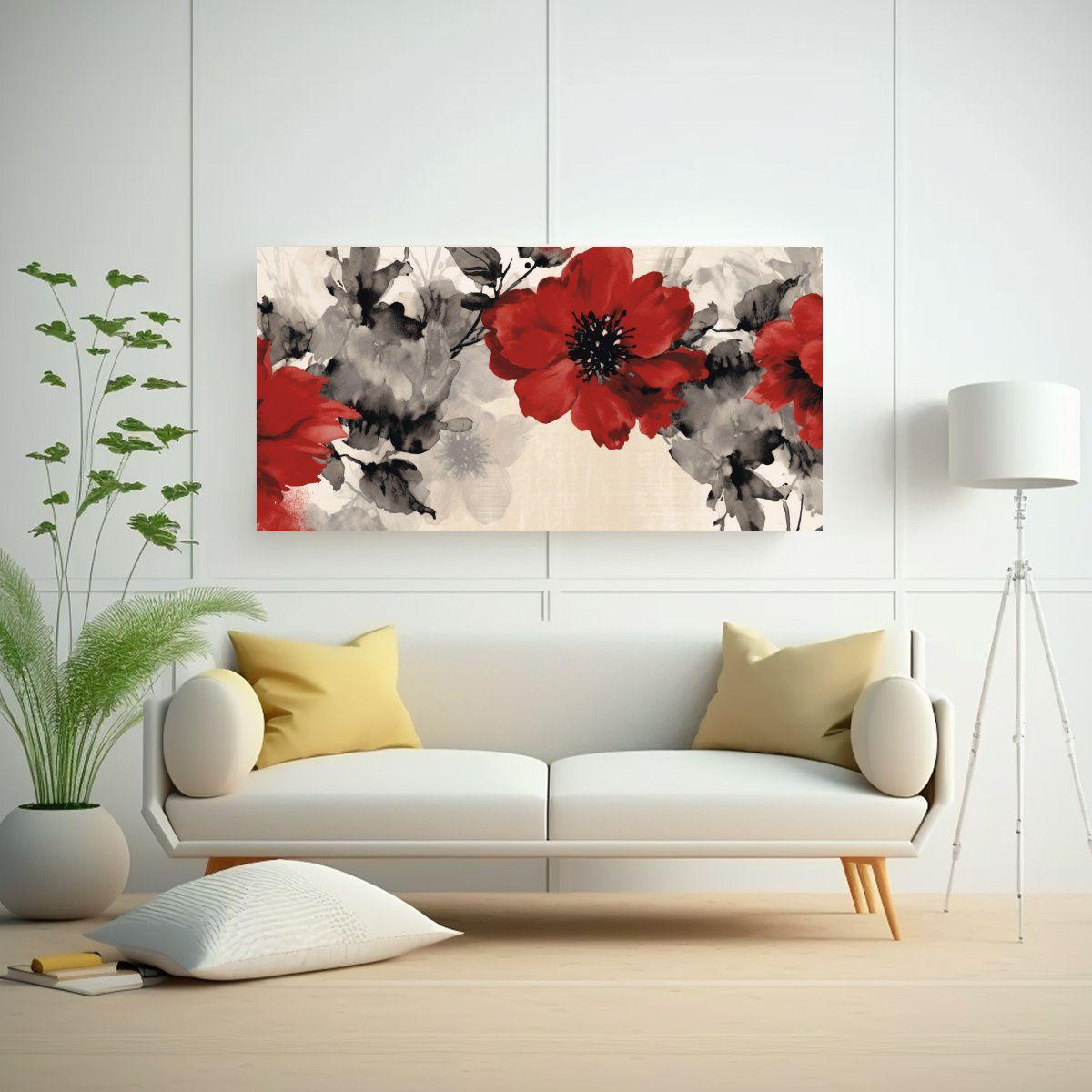 Lienzo De Tela Floral Rojo Y Negro En Fondo 40x20cm-2