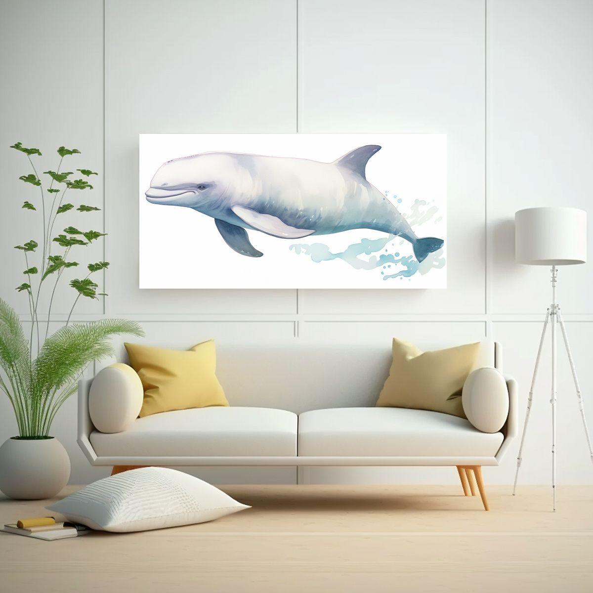 Pintura Temática De Ballena Beluga En Acuarelas 80x40cm-2