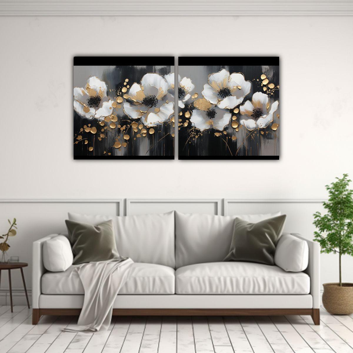 Pintura Floral En Lienzo En Tonos Dorado Y Negro 100x50 Cm-2