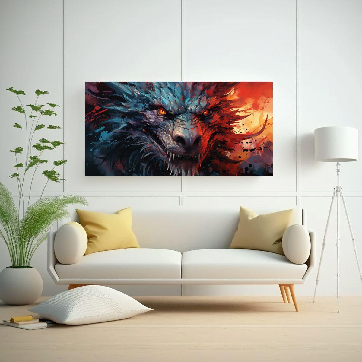 Cuadro De Tela Finas Líneas Dragón RojoAzul | At 100x50cm-2