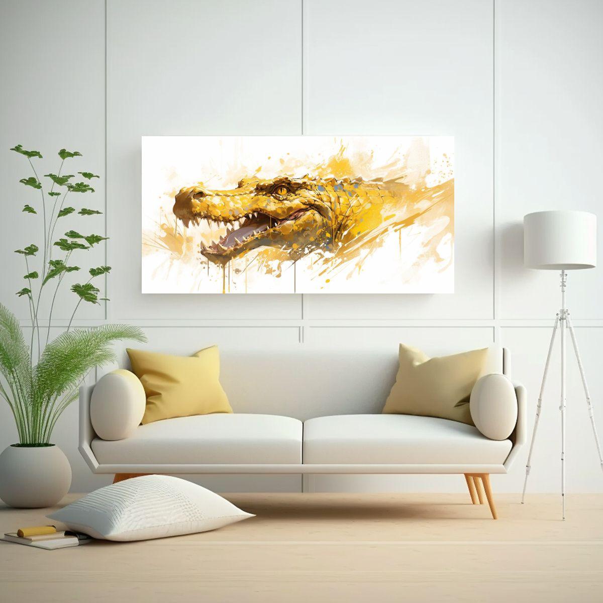 Pintura Decorativa De Cocodrilo En Tonos Dorados 40x20cm-2