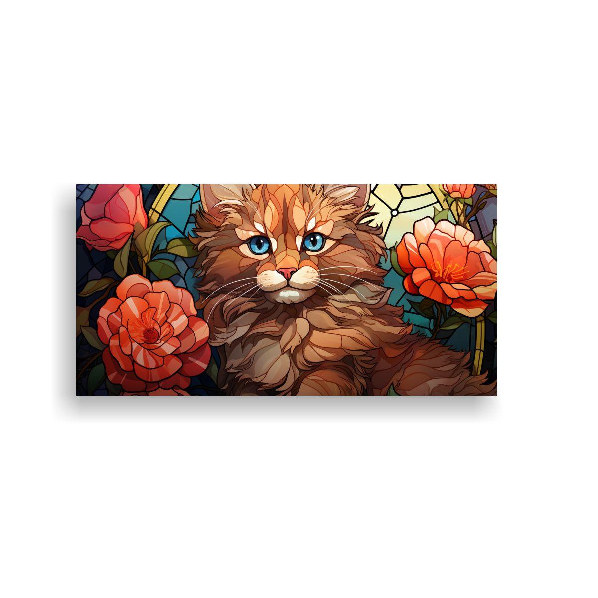 Cuadro De Tela Gato Y Flores En Estilo Cartoon, 140x70cm-0