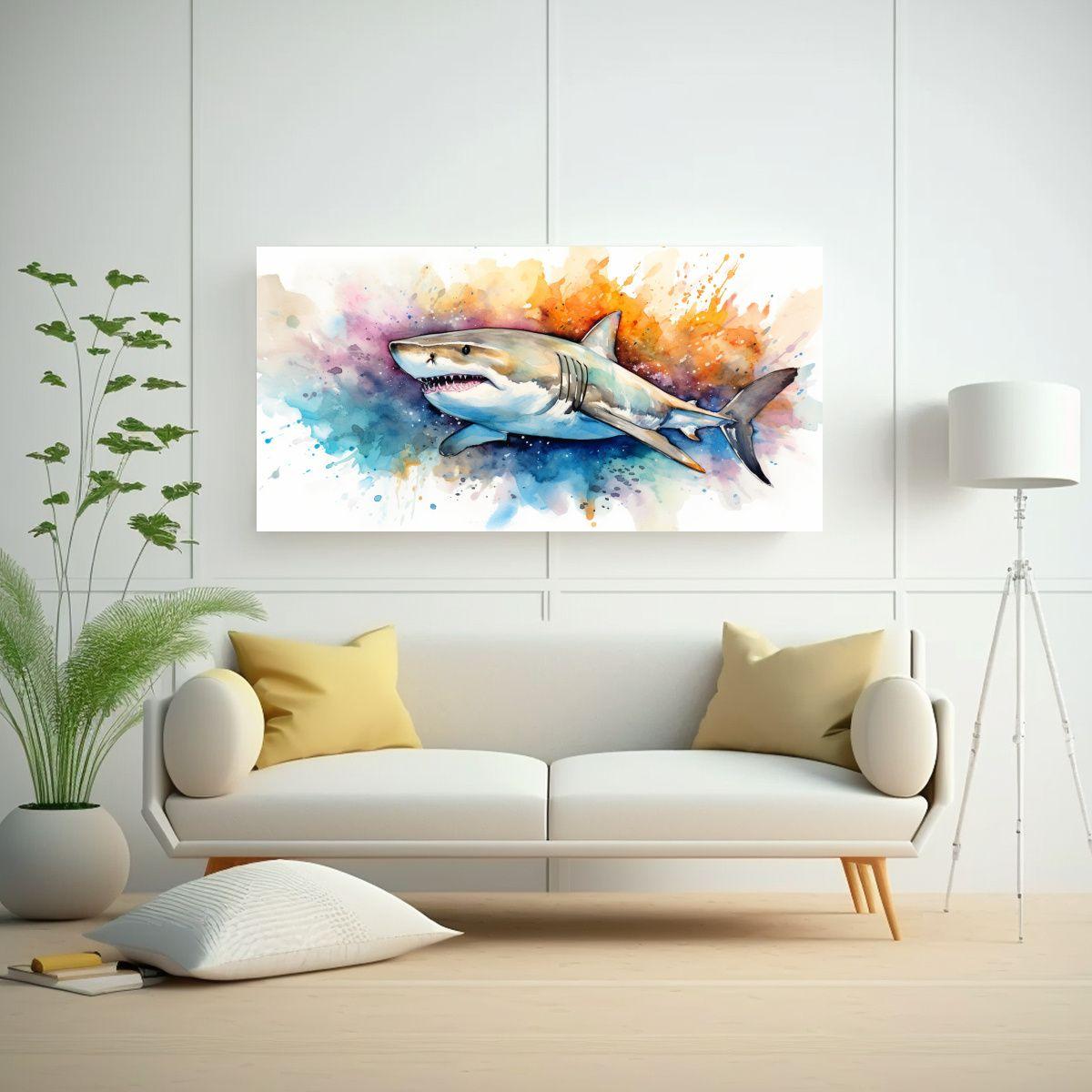 Pintura Acuarela Estilo Tiburón Tigre De Arena 140x70cm-2