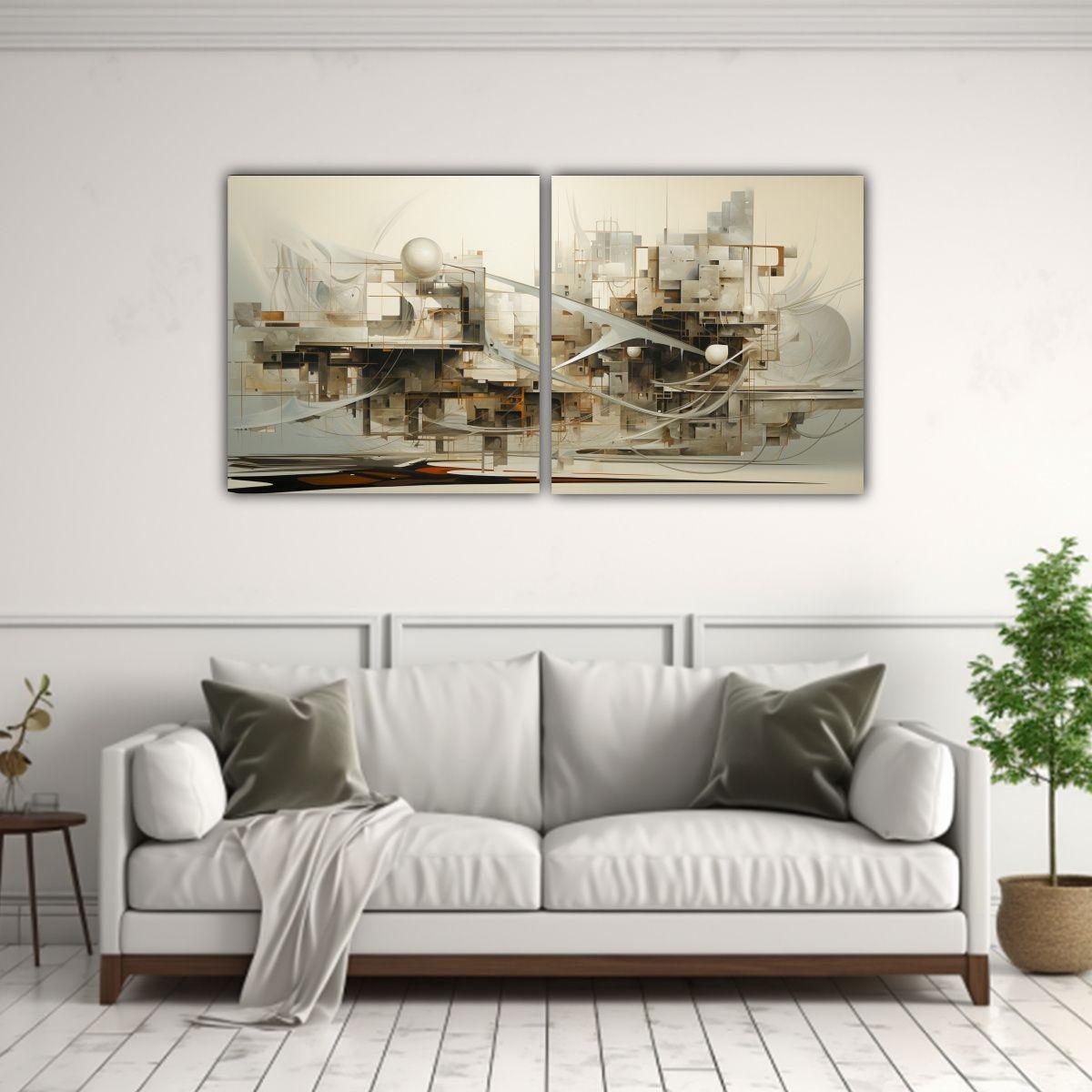 Díptico Decoración Cuadros Abstractos Plateados 140x70 Cm-2