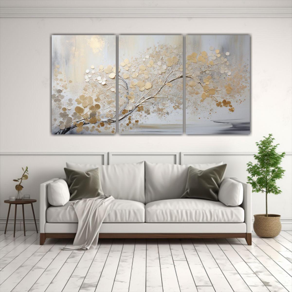 Tres Lienzos De Tela Escenario En Acuarela Dorada 180x90 Cm-2