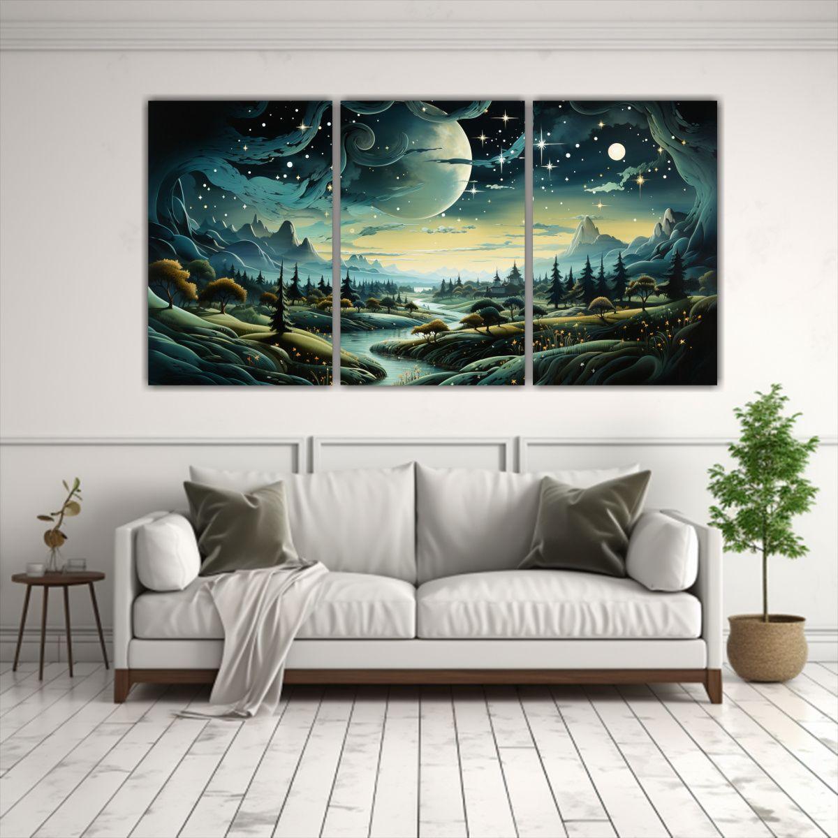 Pintura Set 3 Artes Moderno Montaña Luna Estilo 150x75 Cm-2
