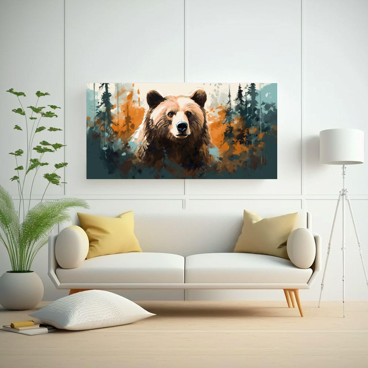 Pintura Moderna De Un Oso En Tonos Tan Y Forestale 60x30cm-2