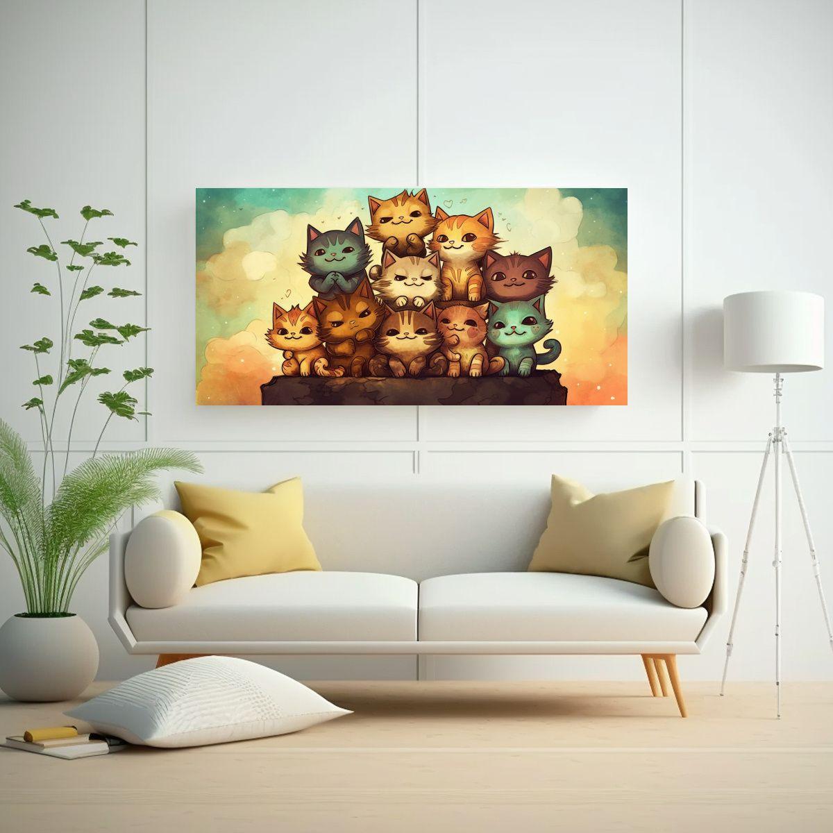Pintura Acuarela De Gatos Majestuosos En Pila 160x80cm-2