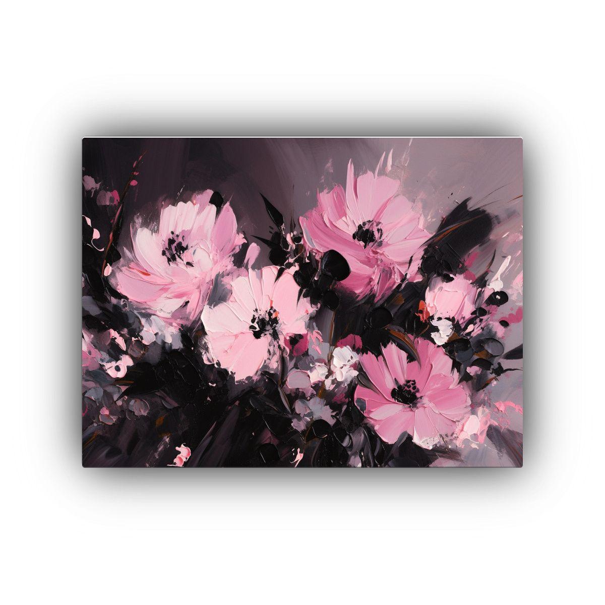 Pintura Floral En Lienzo Negro Y Rosa: Composición Temátic 75x50cm-0