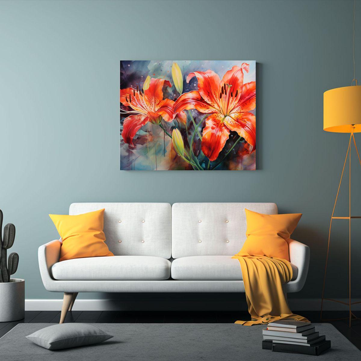 Lienzo De Tela Impreso Con Lirios Rojos En Acuarela 90x60cm-2
