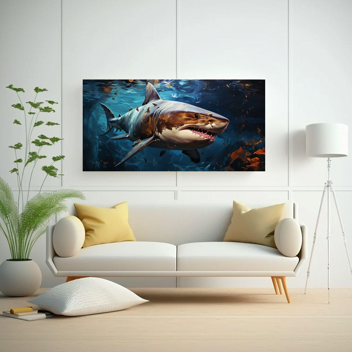 Pintura Al Estilo óleo De Tiburón Azul En 160x80cm-2