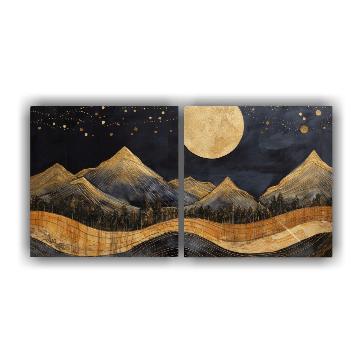 Pintura De Montaña Con Luna En Bastidor De Madera 100x50 Cm-0