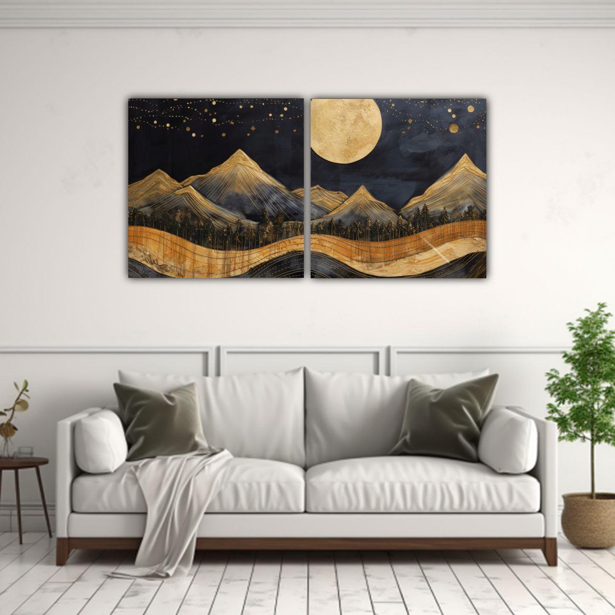 Pintura De Montaña Con Luna En Bastidor De Madera 100x50 Cm-2