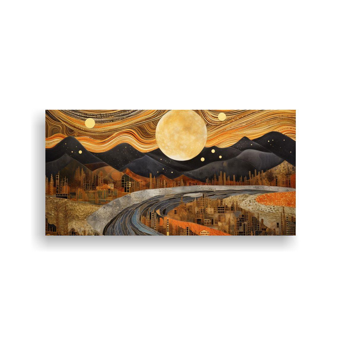 Pintura Artesanal De Paisaje Nocturno Con Luna Y 100x50cm-0
