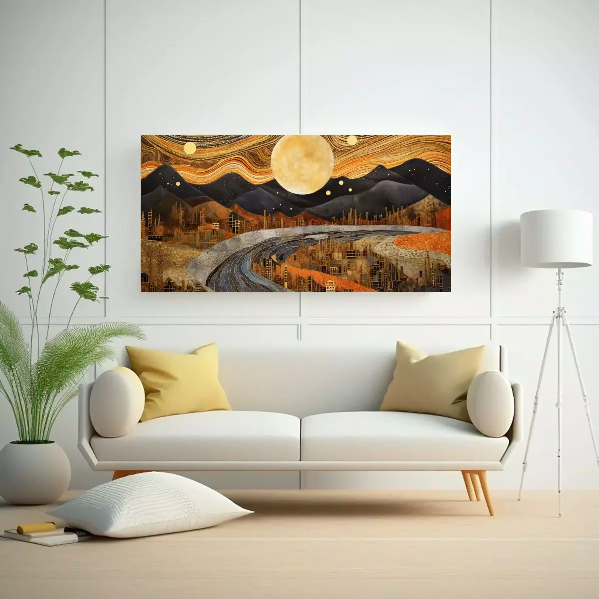 Pintura Artesanal De Paisaje Nocturno Con Luna Y 100x50cm-2