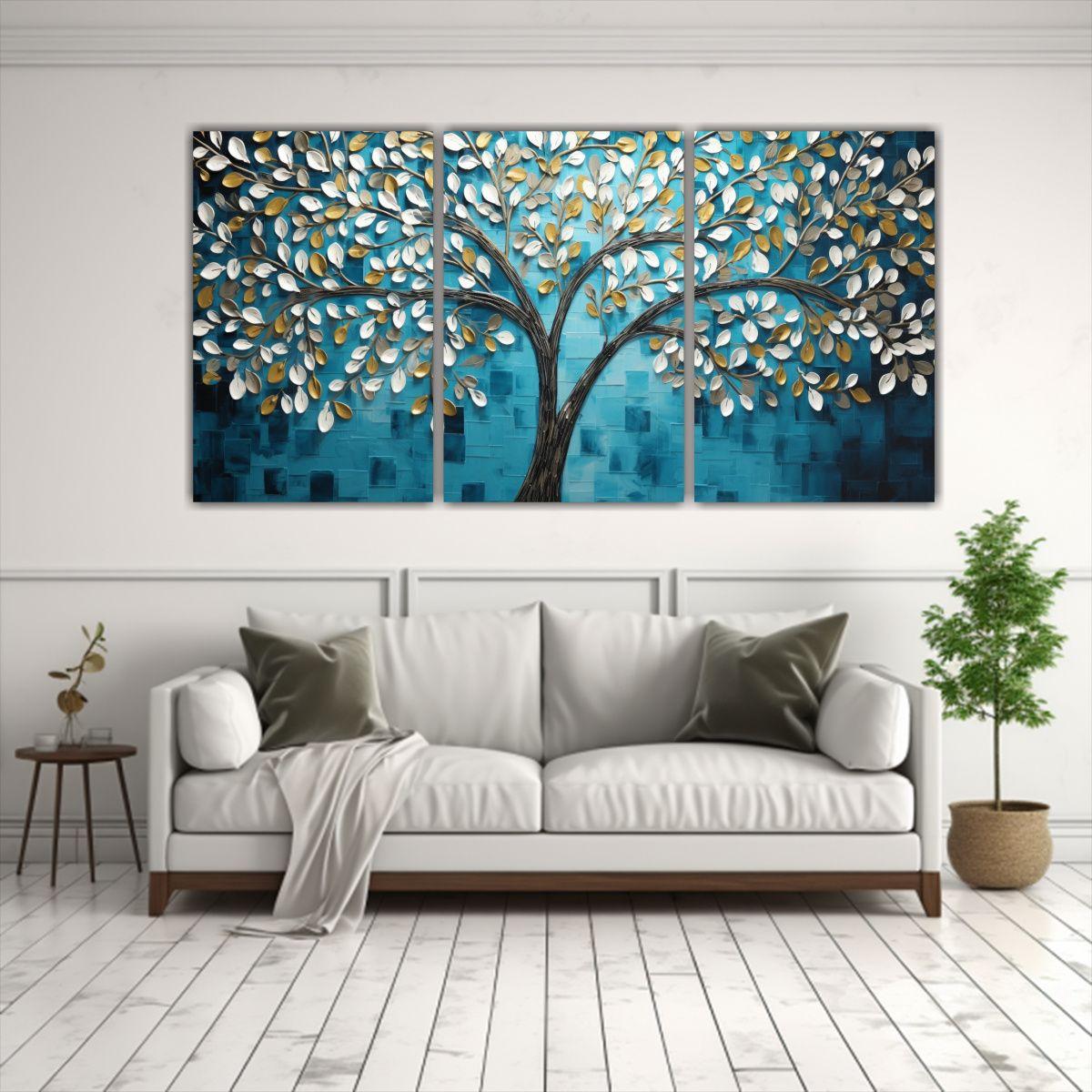 Cuadro Decorativo Con árbol En Turquesa Y Plata 90x45 Cm-2
