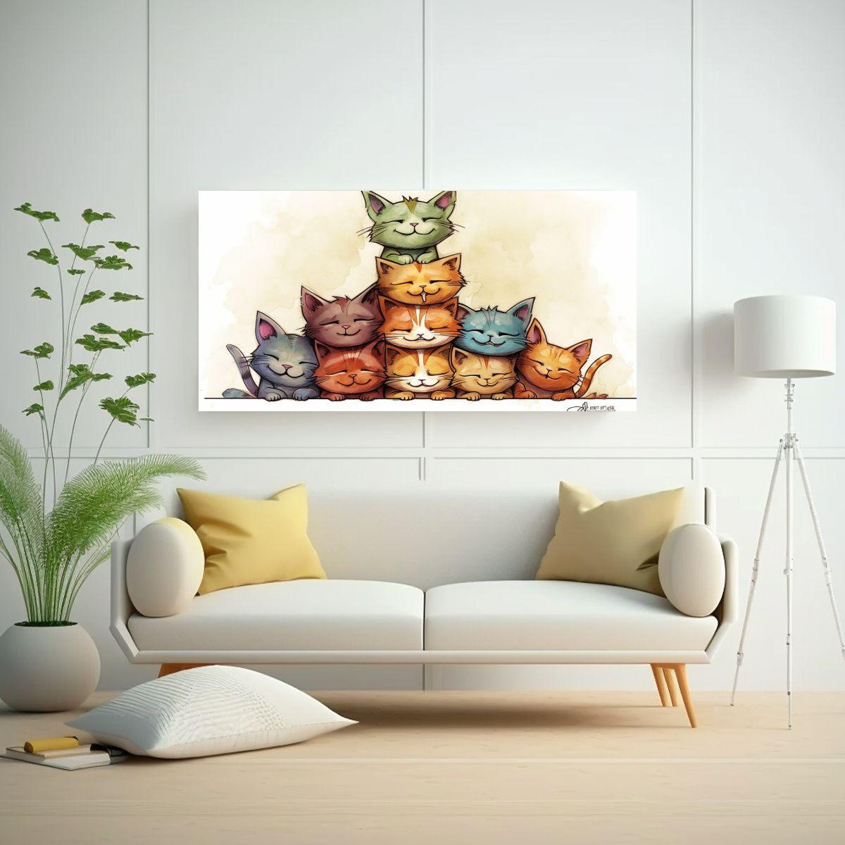 Pintura Lienzo Gatos Coloridos En Pila Mirando 120x60 Cm-2