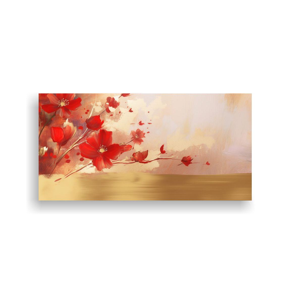 Cuadro Abstracto Enigmático Floral Rojo Y Oro 60x30cm-0