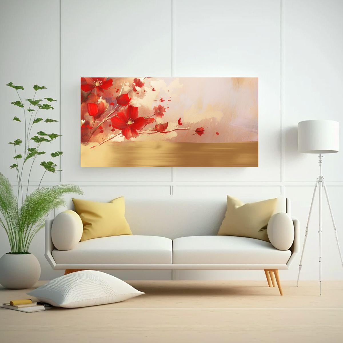 Cuadro Abstracto Enigmático Floral Rojo Y Oro 60x30cm-2