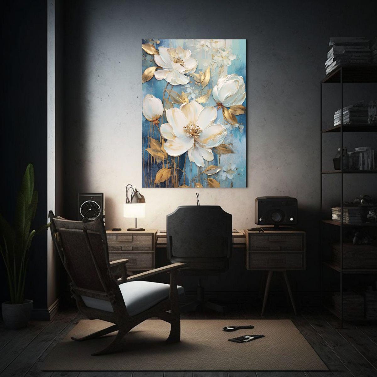 Pintura Al óleo De Flores Azules, Blancas Y Doradas En Deco 60x90cm-2