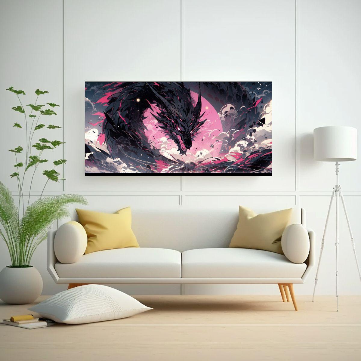 Cuadro Bastidor Inspiracion Dragon En Negro Y Rosa 160x80cm-2