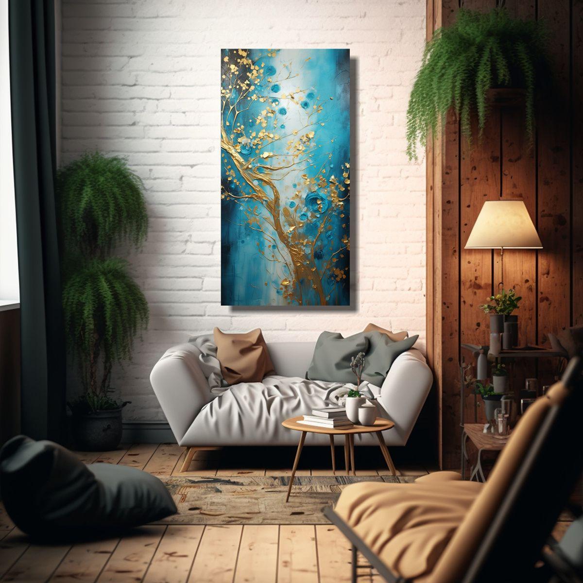 Cuadro Decorativo Mágico En Turquesa Y Dorado 60x120cm-2