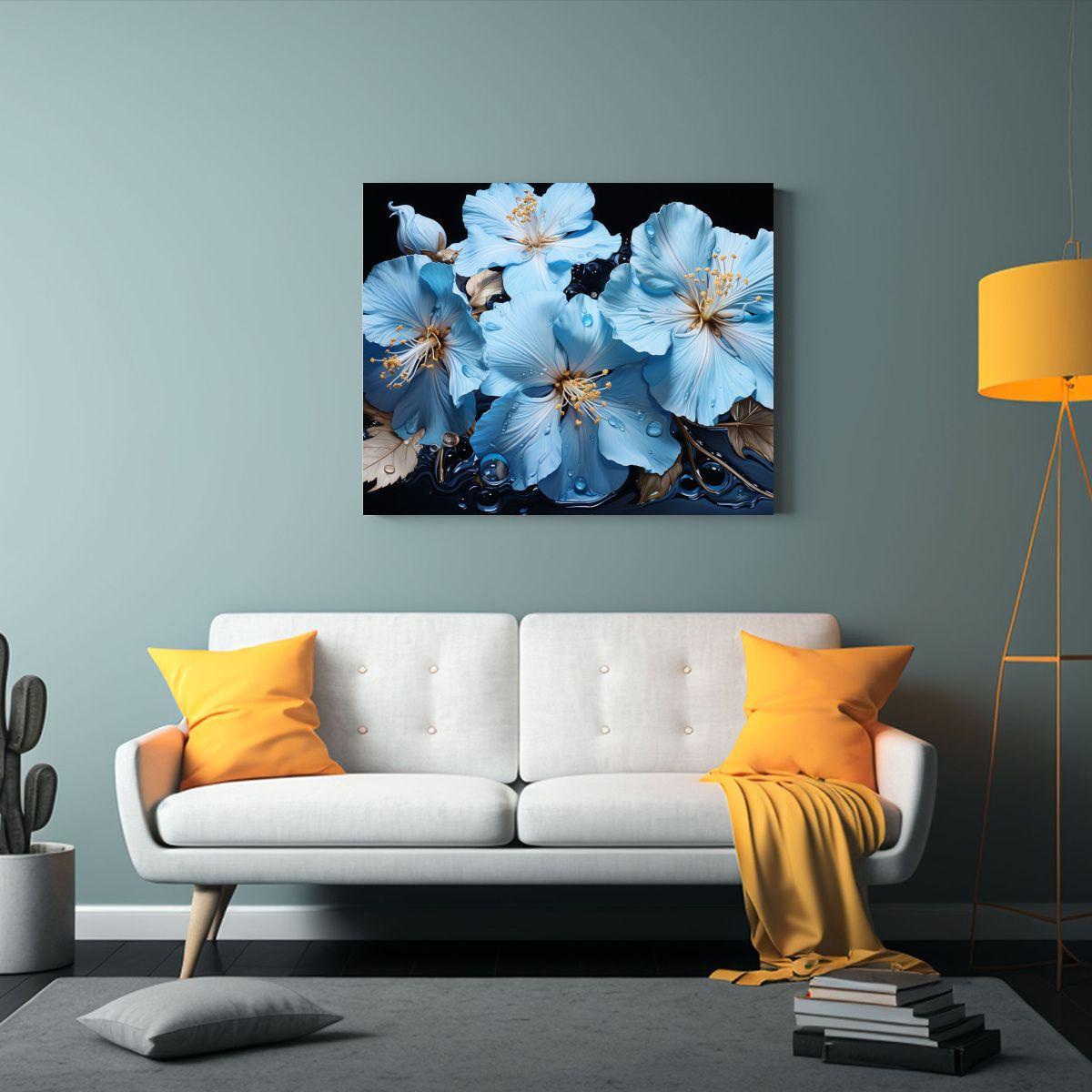 Pintura Abstracta De Hibiscos En Negro Y Azul: Modernidad En 120x80cm-2