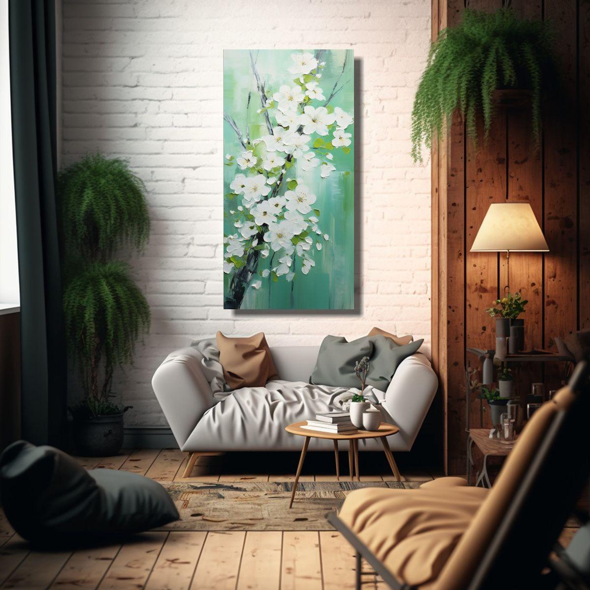 Pintura En Lienzo De Cerezos En Flor Verde 20x40cm-2