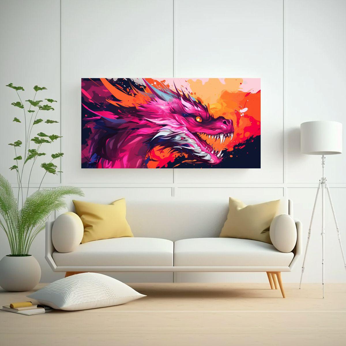 Lienzo Venta Floral: Dragón En Naranja Y Rosa, 60x30 Cm-2