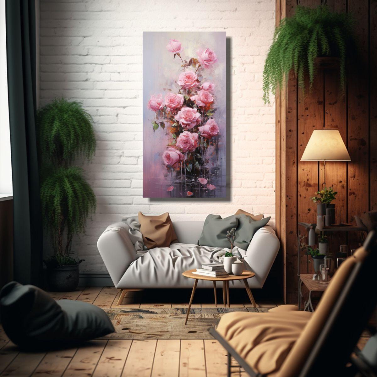 Cuadro Estilo Galería: Pintura De Rosas Rosadas 60x120cm-2