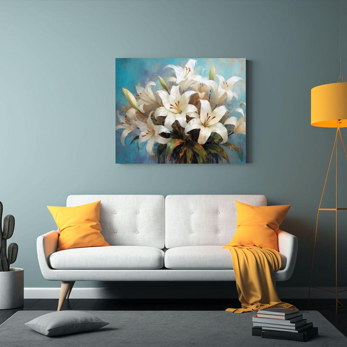 Pintura Moderna De Ramo De Lirios Blancos En Fondo Azul Enma 65x50cm-2