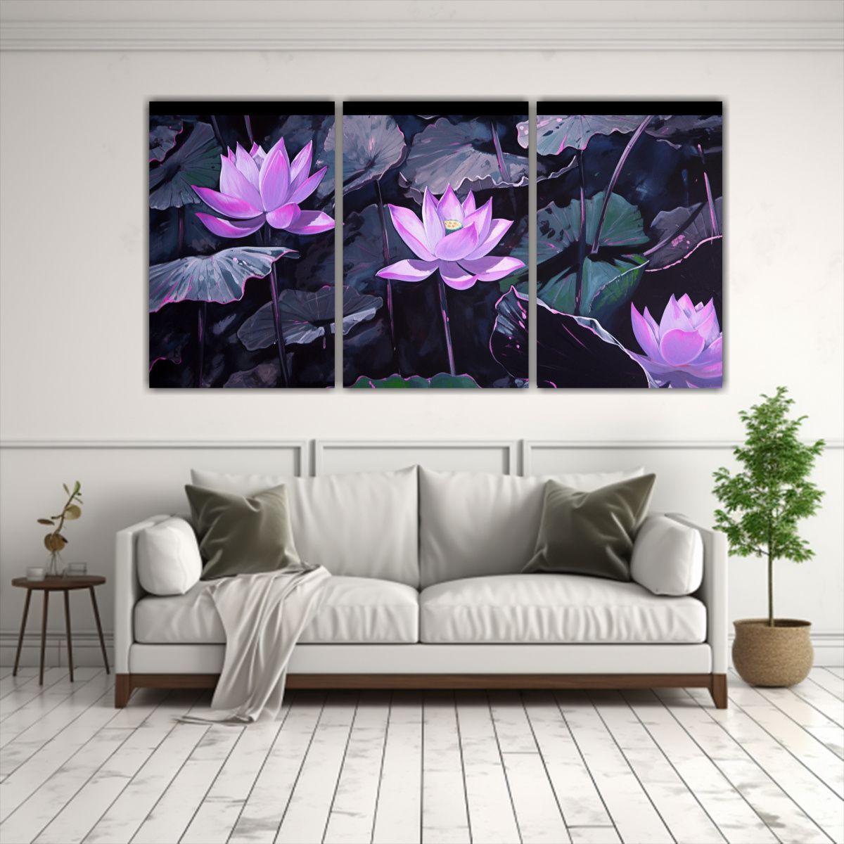 Tres Lienzos Hermoso Alegre Con Un Cuadro De Loto 180x90 Cm-2