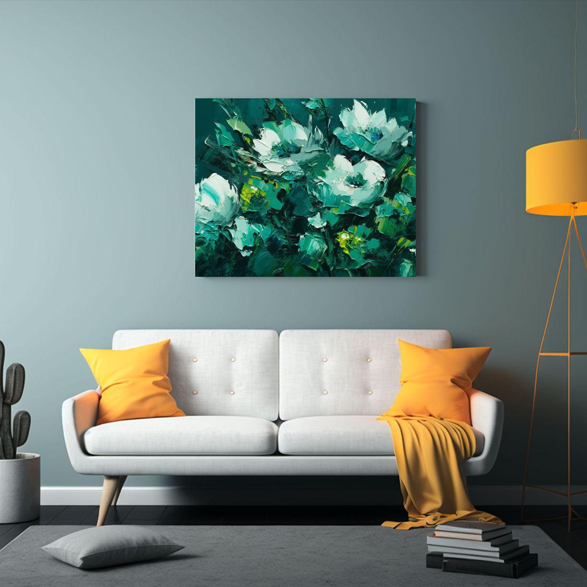 Pintura En Lienzo De Flores En Tonos Verdes Y Azules Para De 120x80cm-2
