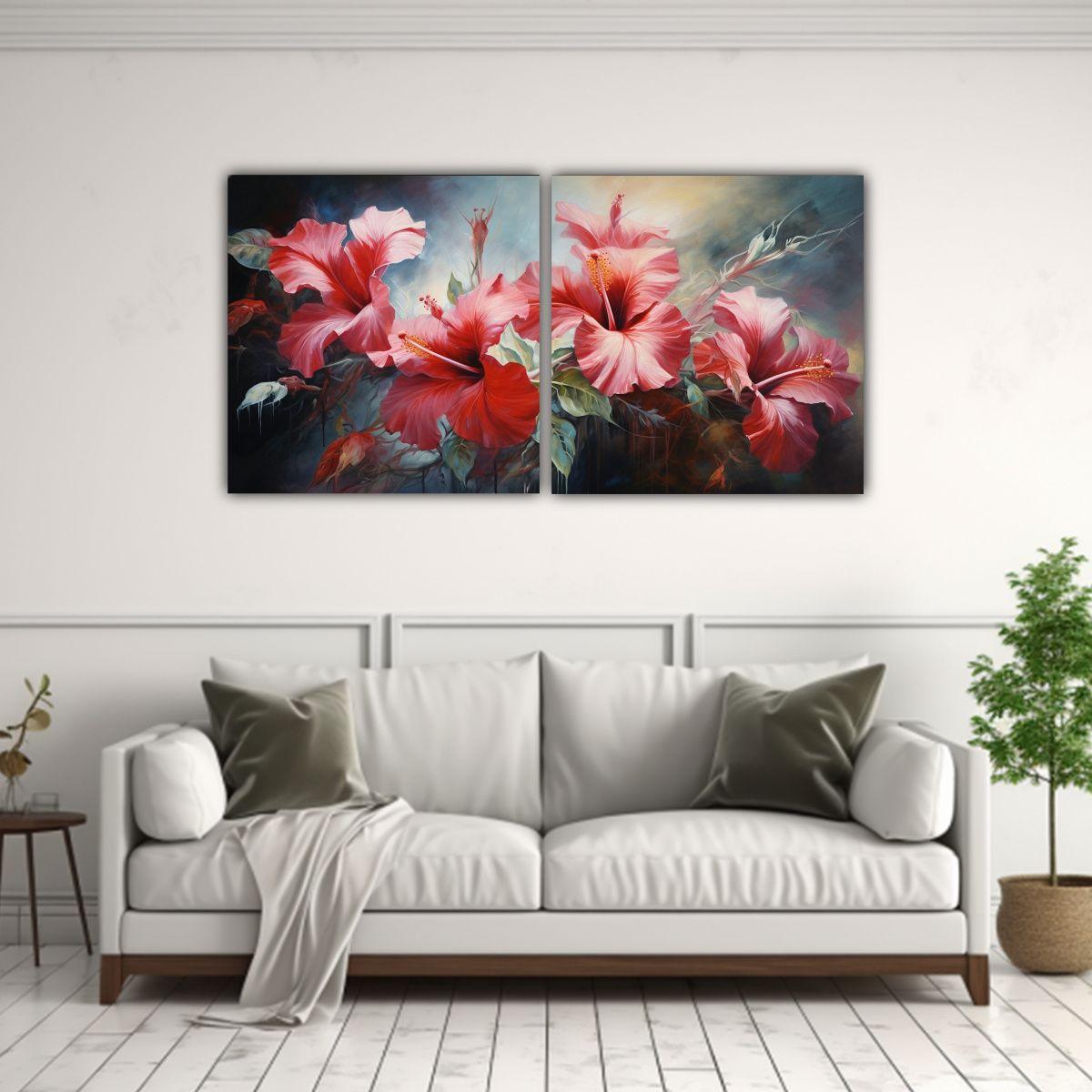 Pintura Abstracta De Flores De Hibisco En óleo 80x40 Cm-2