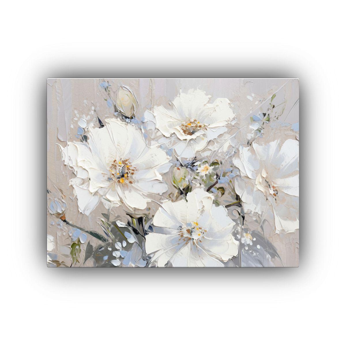 Pintura De Baño En Lienzo Blanco Y Plateado Con Flores En C 75x50cm-0
