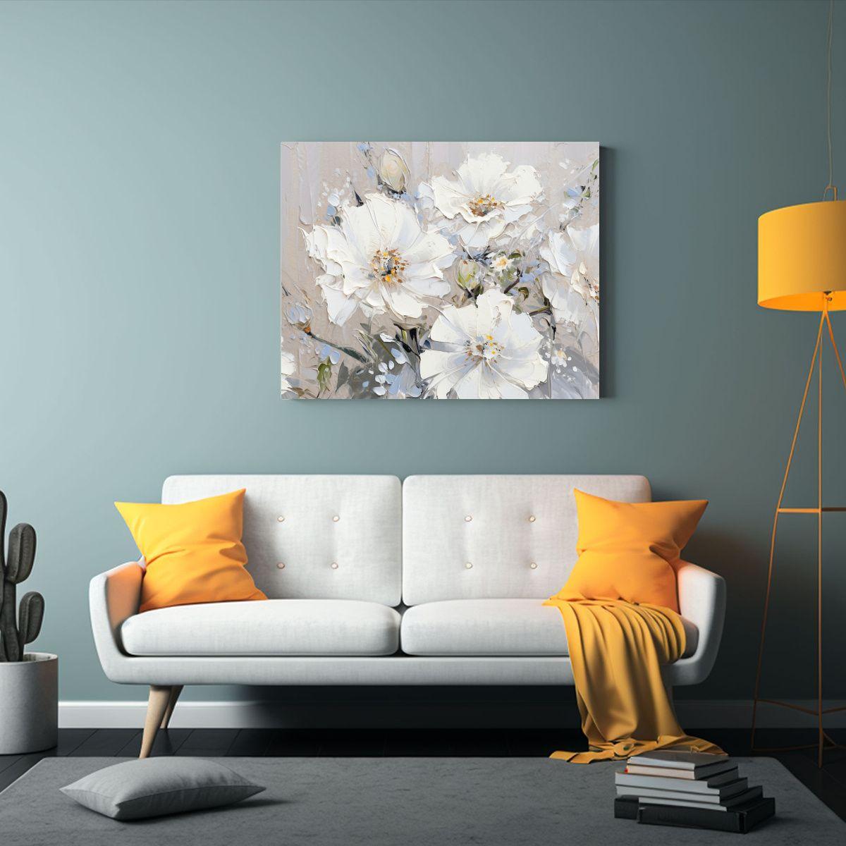 Pintura De Baño En Lienzo Blanco Y Plateado Con Flores En C 75x50cm-2