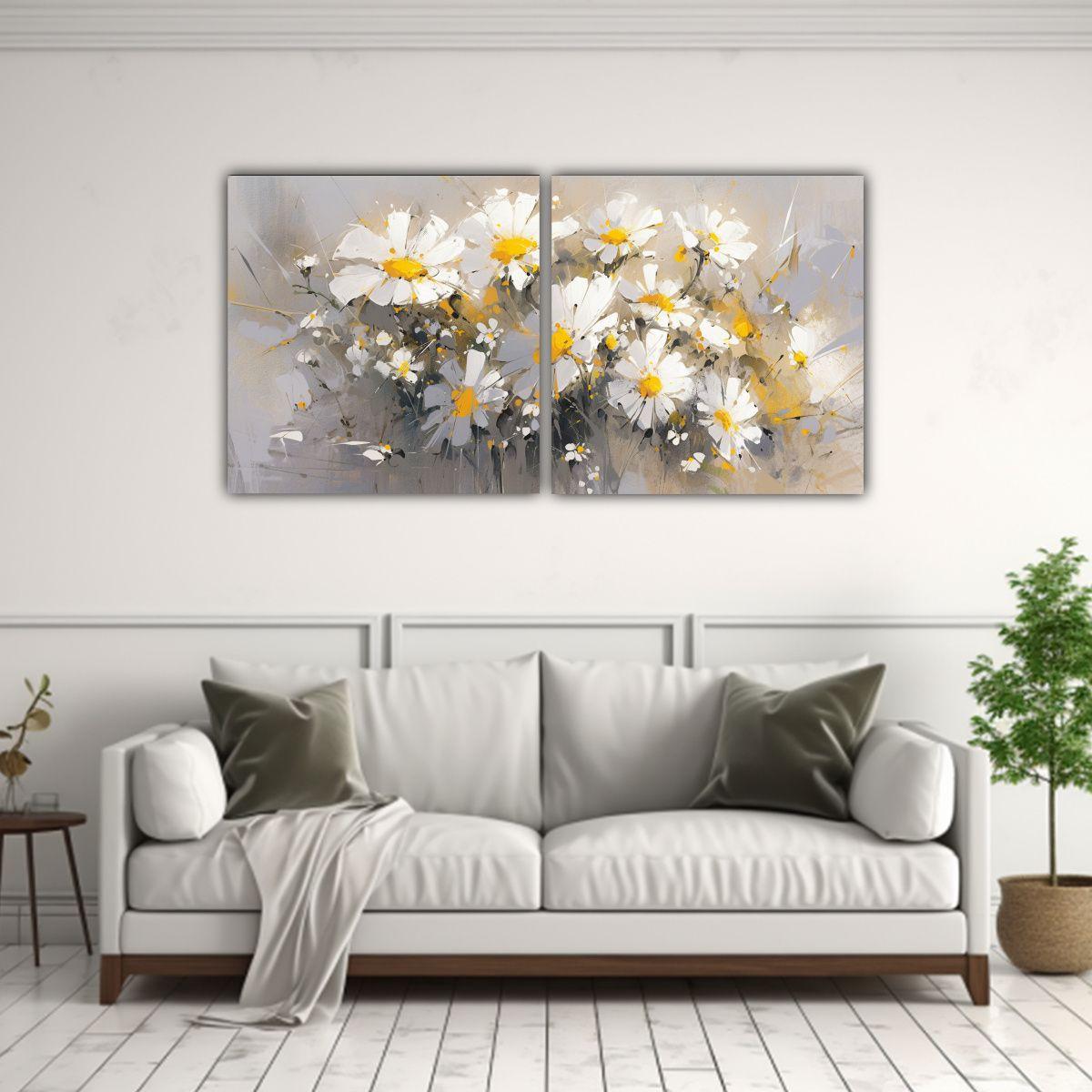 Pintura En Lienzo De Flores Amarillas Y Plateadas 100x50 Cm-2
