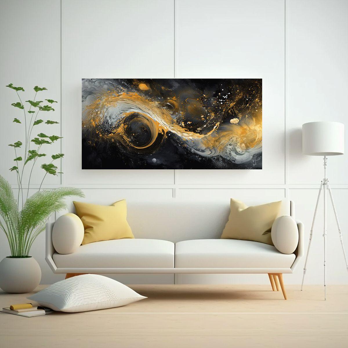 Pintura De Tinta Espacial En Oro Y Negro, Arte 140x70cm-2