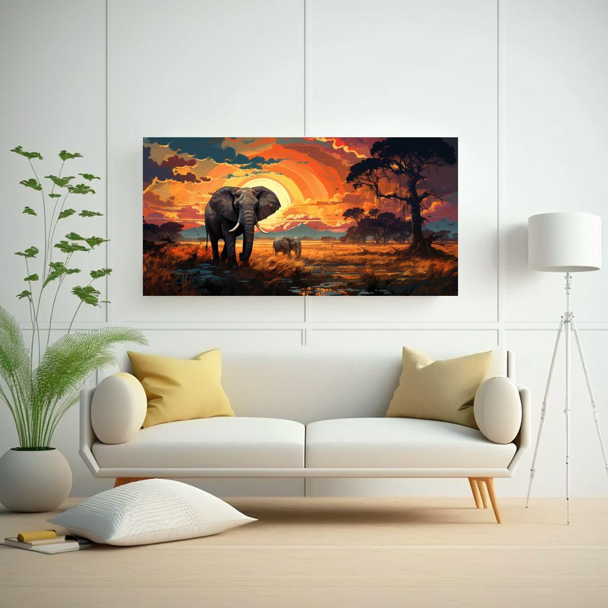 Arte De Pared Horizontal Elefante En La Sabana 160x80cm-2