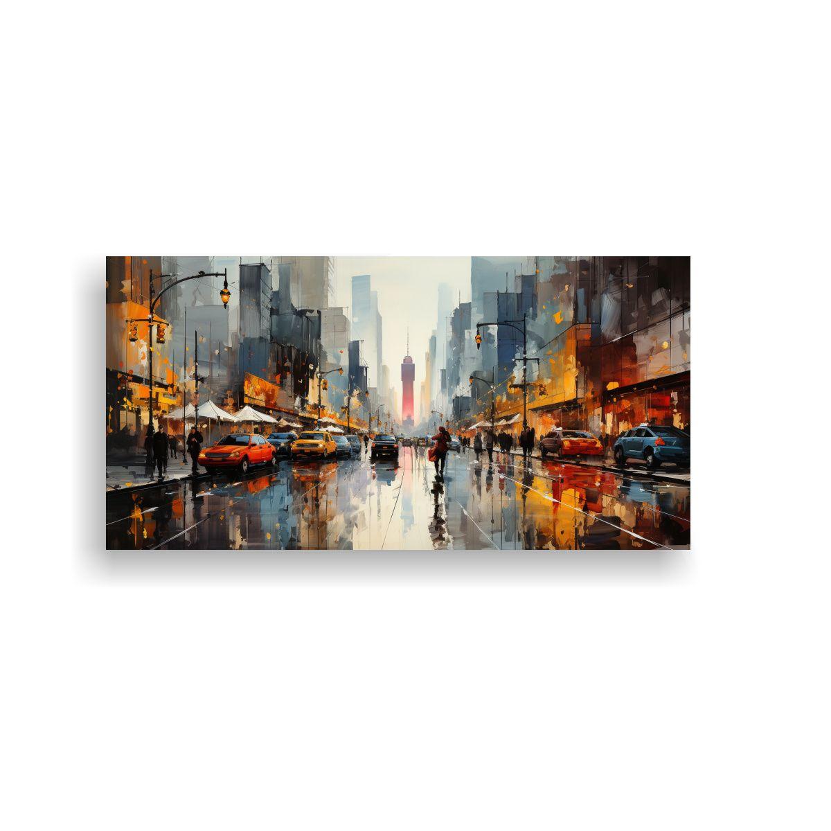 Pintura De Ciudad Con Tonos Cálidos En Lienzo: 100x50cm-0