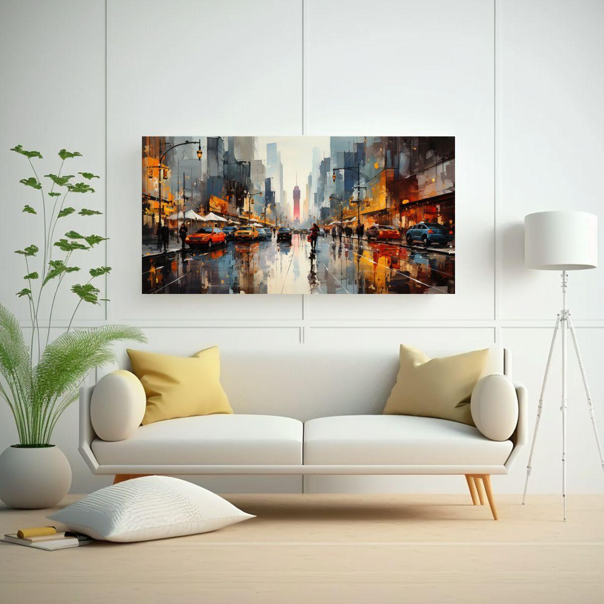 Pintura De Ciudad Con Tonos Cálidos En Lienzo: 100x50cm-2