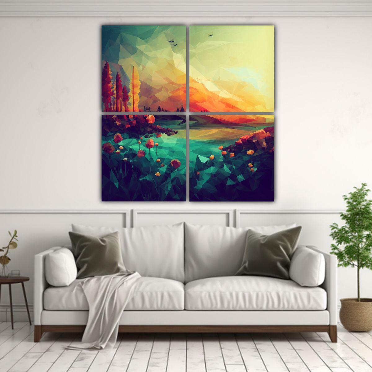 Arte Poligonal Estilo Viñedo En Bastidor De Tela 140x140 Cm-2