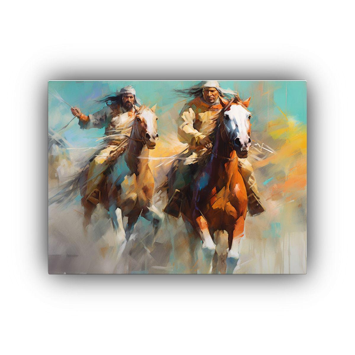 Cuadro Impactante: Hombres Indios A Caballo Estilo Energéti 120x80cm-0
