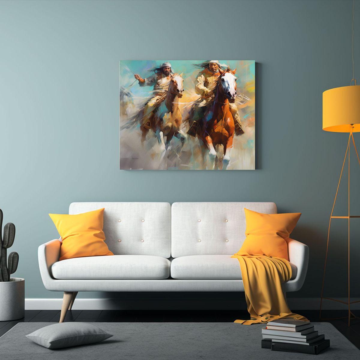 Cuadro Impactante: Hombres Indios A Caballo Estilo Energéti 120x80cm-2
