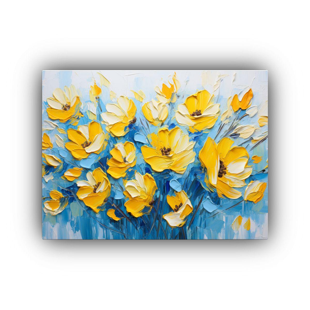 Pintura En Lienzo De Flores Multicolor En Amarillo Y Azul. 60x40cm-0