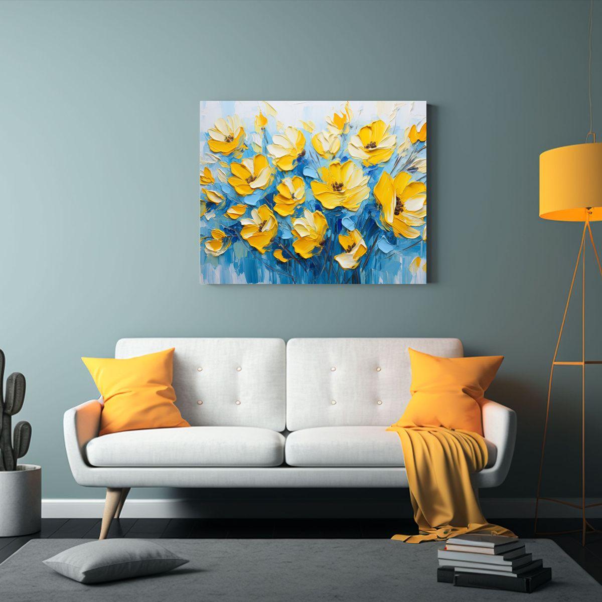 Pintura En Lienzo De Flores Multicolor En Amarillo Y Azul. 60x40cm-2