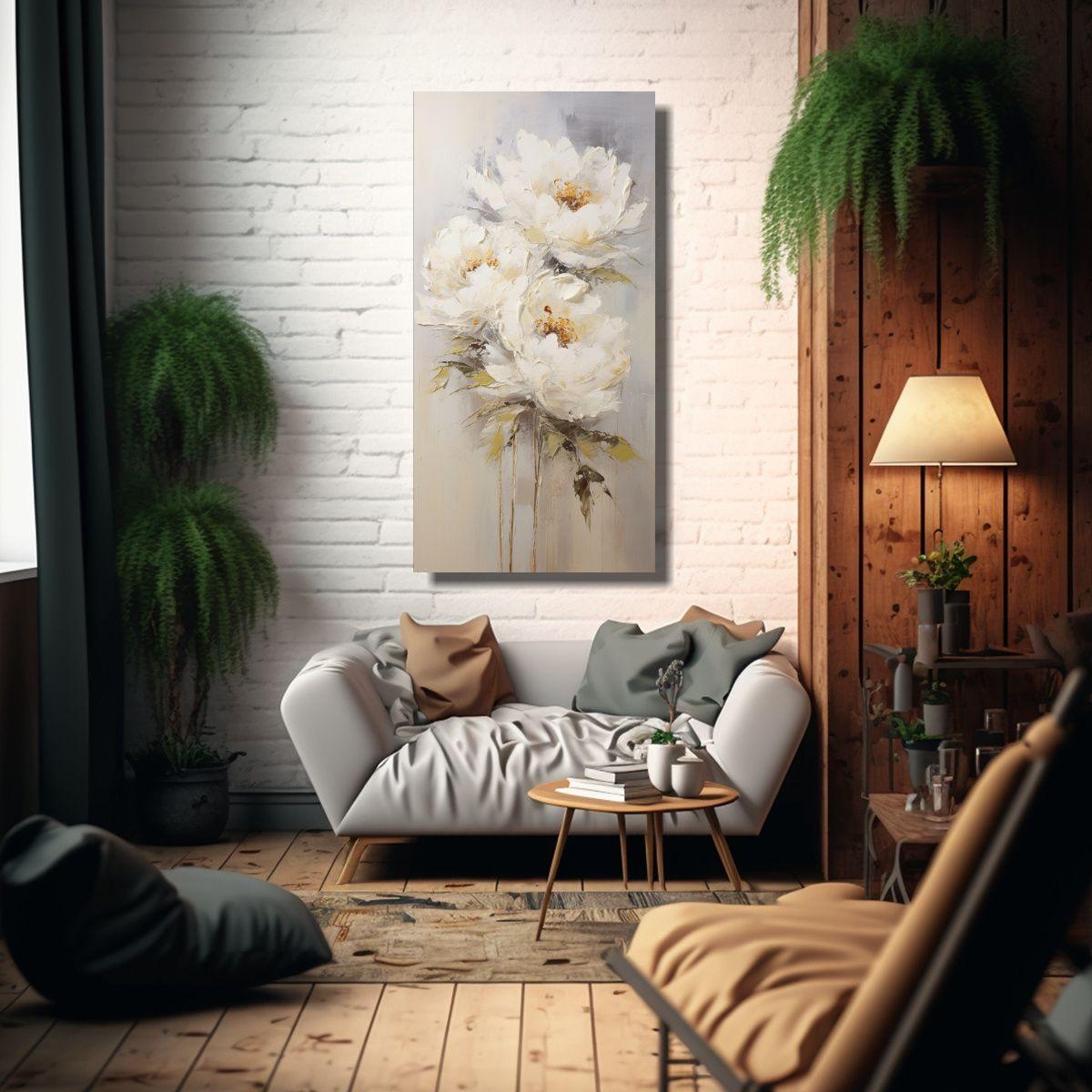 Lienzo Acuarela Peonías Blancas Estilo Decorativo 50x100cm-2