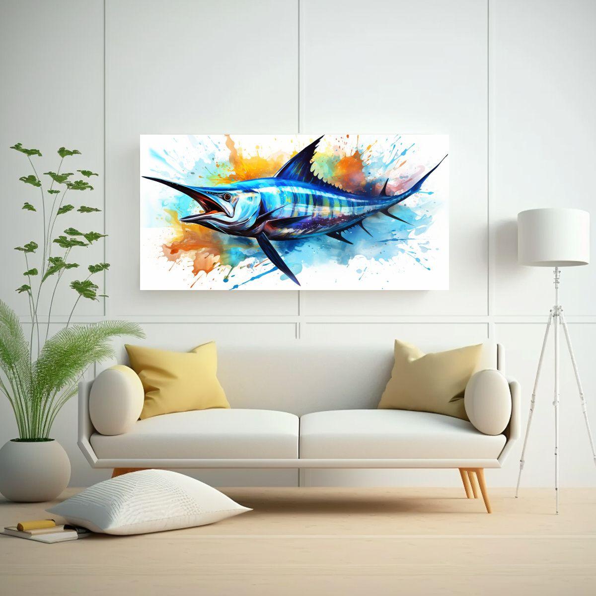 Cuadro En Bastidor Marlin Azul Acuarelas 160x80cm-2