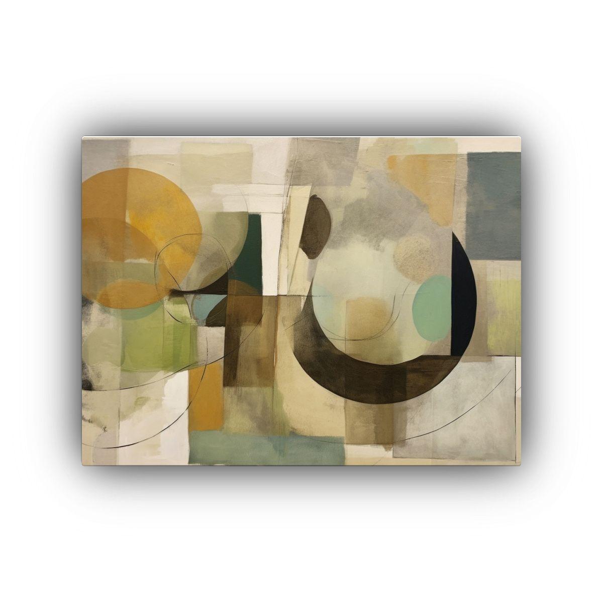 Pintura Abstracta En Tonos Verdes, Beige, Gris Y Marrón Con 90x60cm-0