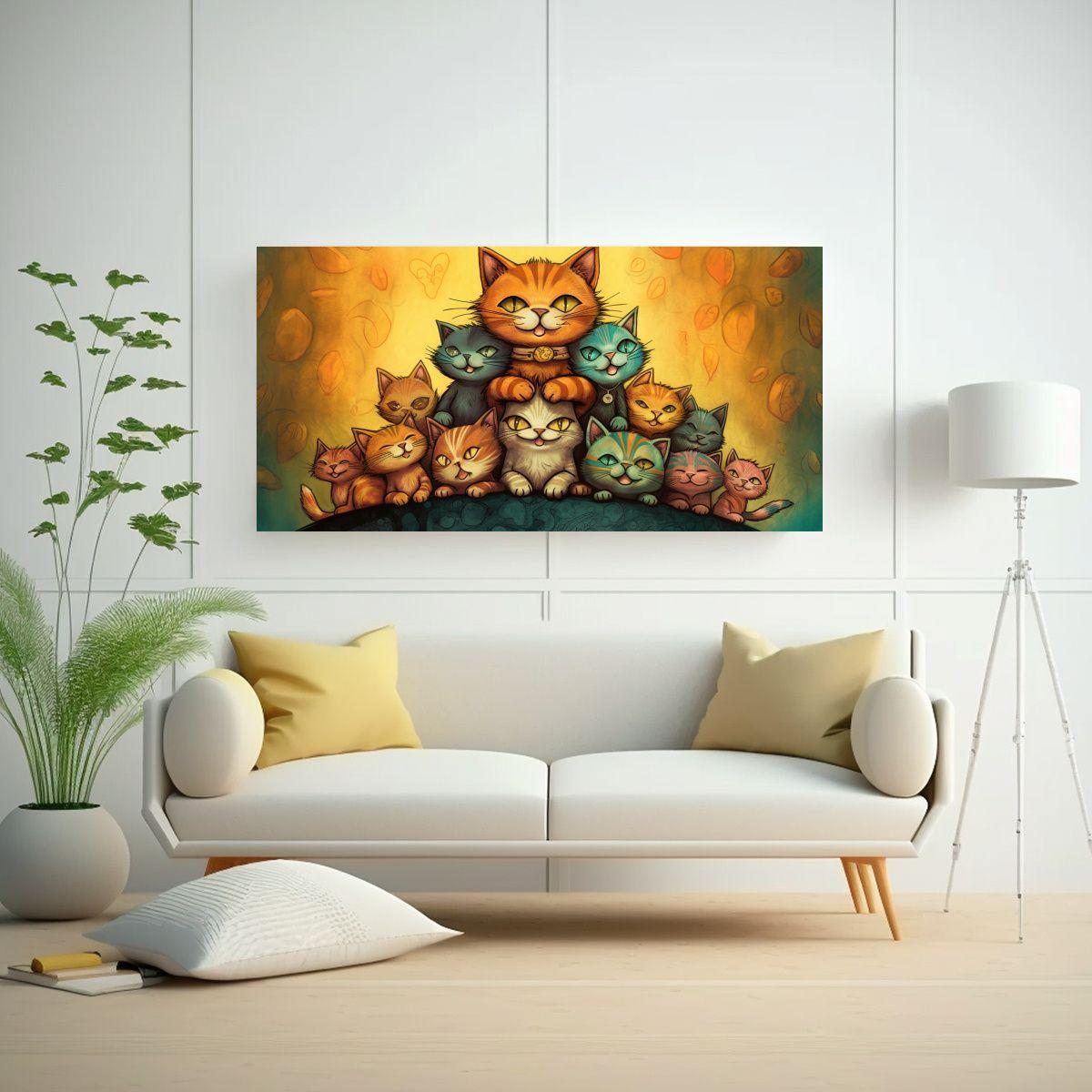 Pintura Decorativa Gatos En Un Montón, Mirando 160x80cm-2